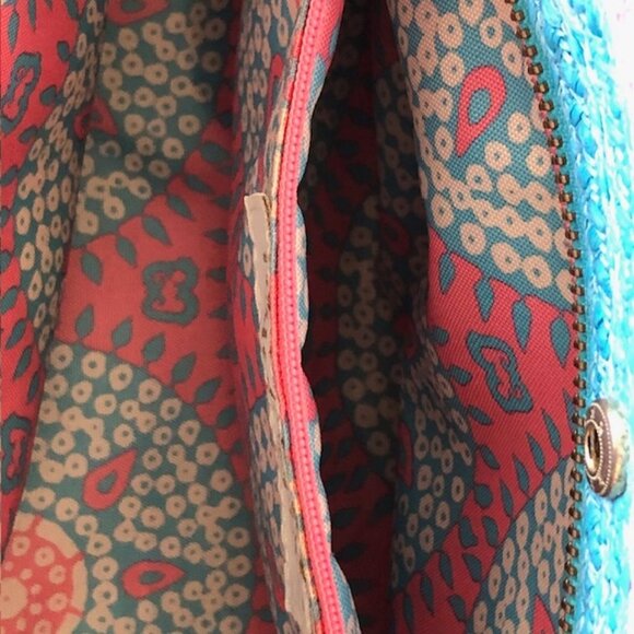 ERIC JAVITS Straw Shoulder Purse Turquoise Pink Zip Top - Picture 6 of 16